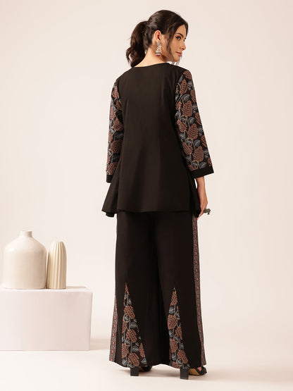 Black Leaf A-Line Cotton Stitched Co-Ord Set