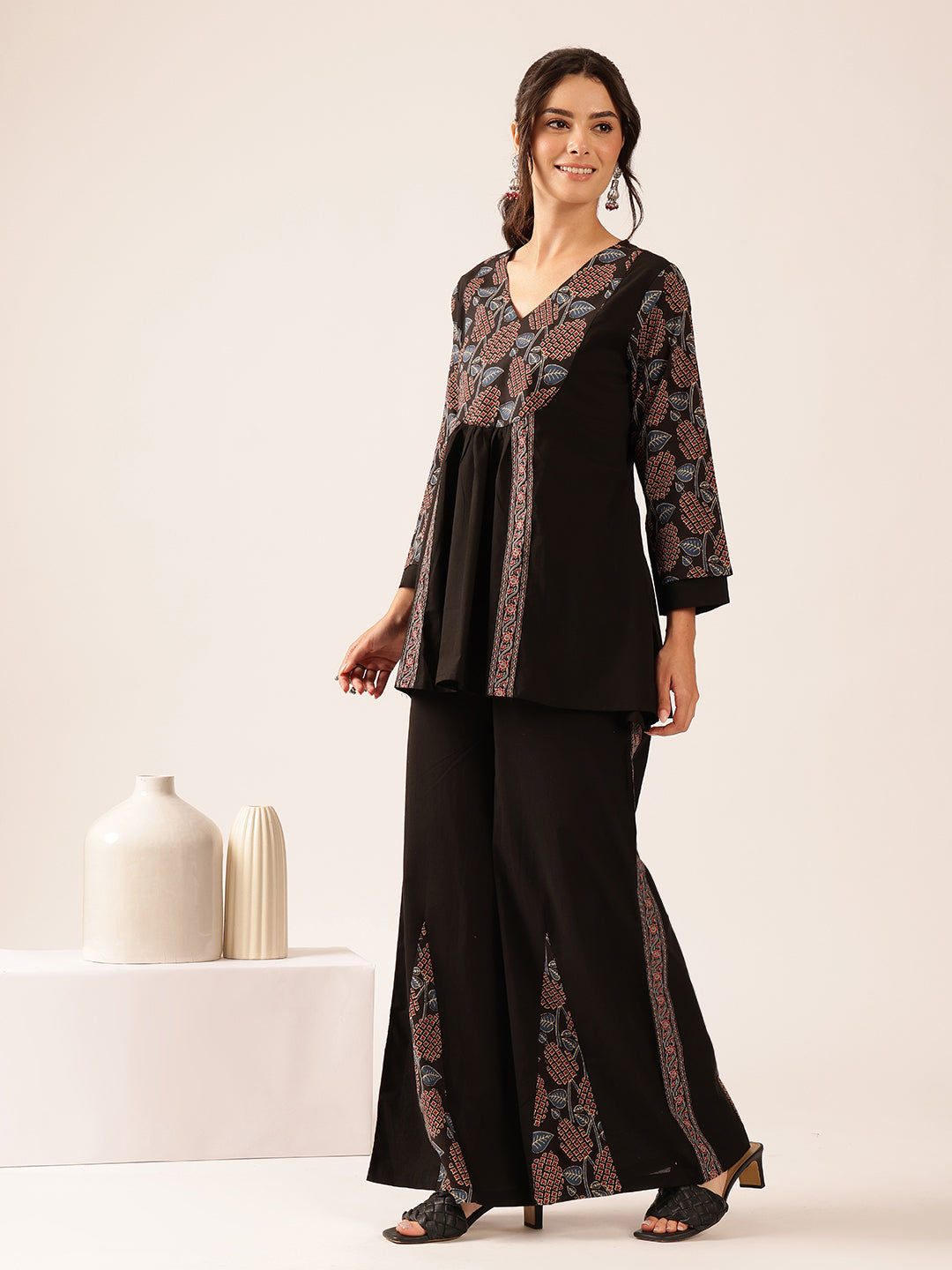 Black Leaf A-Line Cotton Stitched Co-Ord Set