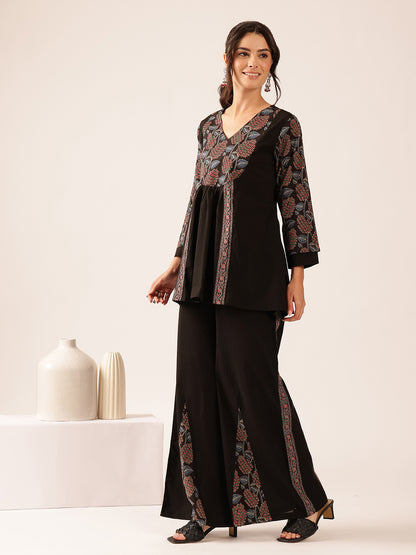 Black Leaf A-Line Cotton Stitched Co-Ord Set