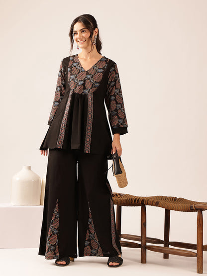 Black Leaf A-Line Cotton Stitched Co-Ord Set
