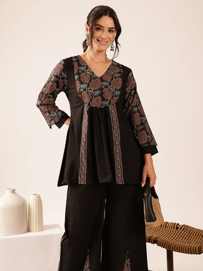 Black Leaf A-Line Cotton Stitched Co-Ord Set