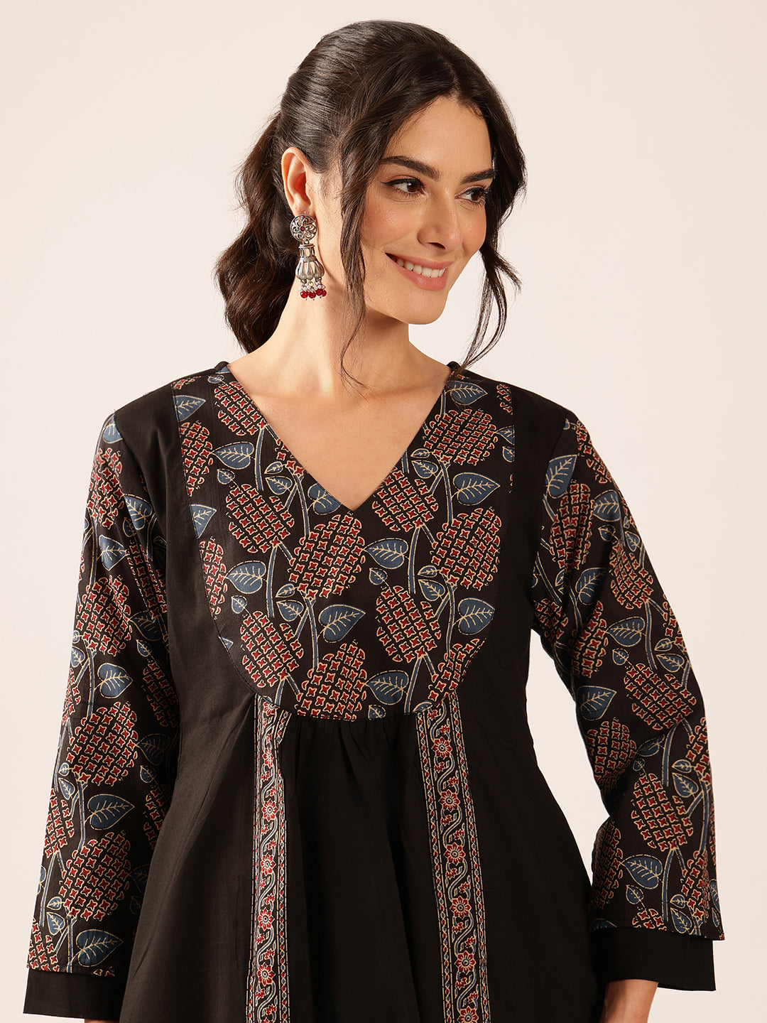 Black Leaf A-Line Cotton Stitched Co-Ord Set