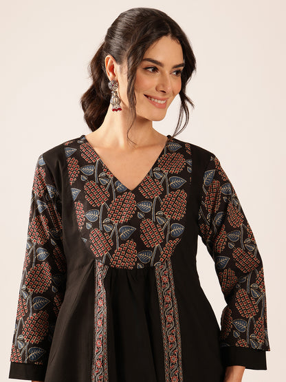 Black Leaf A-Line Cotton Stitched Co-Ord Set