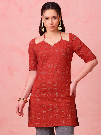 Maroon Geomatric Straight Cotton Stitched Kurti