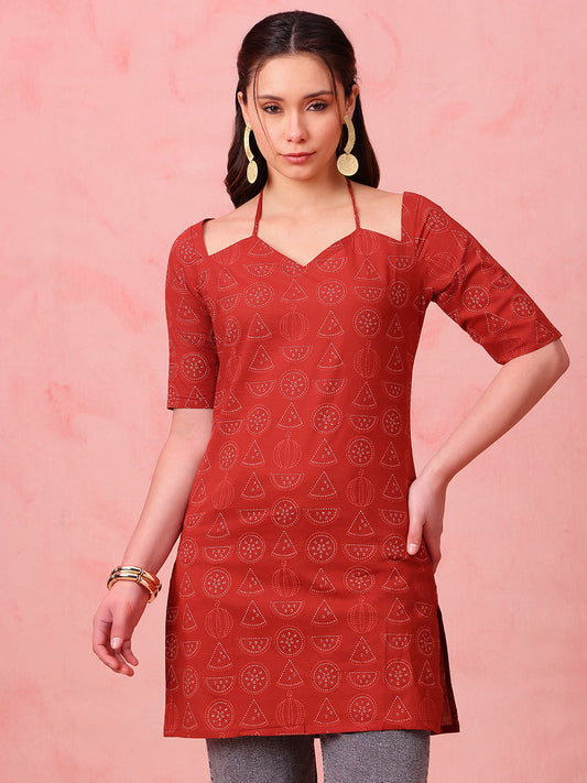 Maroon Geomatric Straight Cotton Stitched Kurti