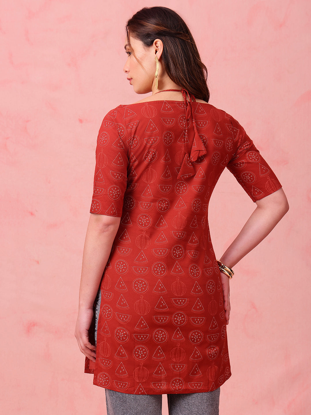 Maroon Geomatric Straight Cotton Stitched Kurti
