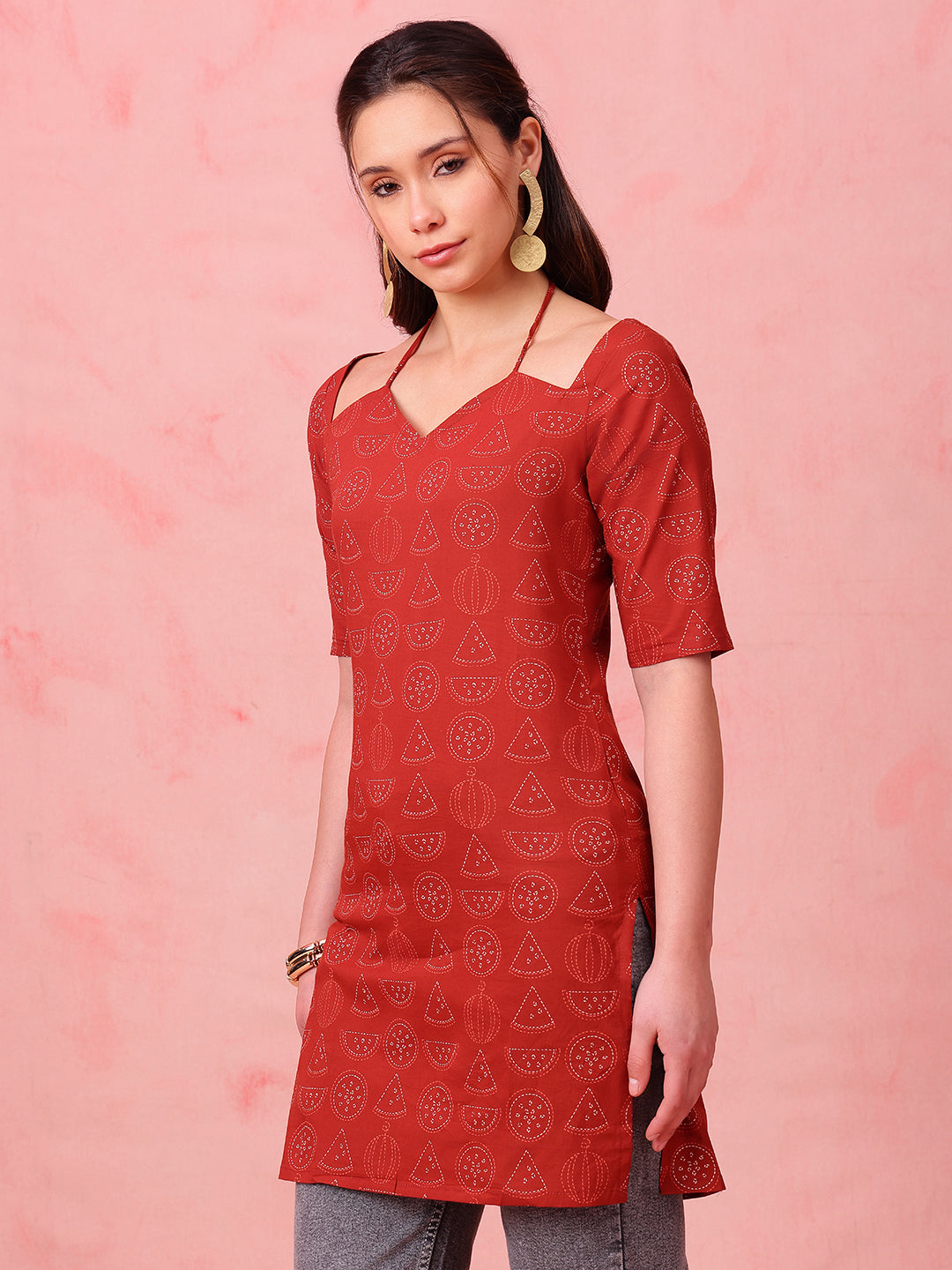 Maroon Geomatric Straight Cotton Stitched Kurti