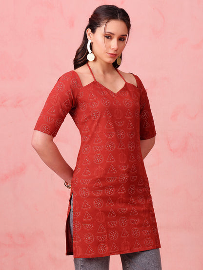 Maroon Geomatric Straight Cotton Stitched Kurti