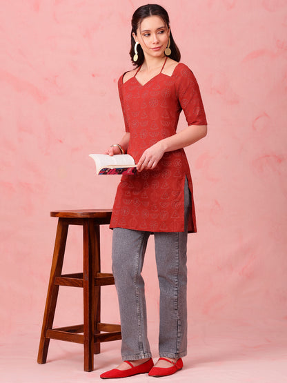 Maroon Geomatric Straight Cotton Stitched Kurti