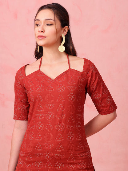 Maroon Geomatric Straight Cotton Stitched Kurti