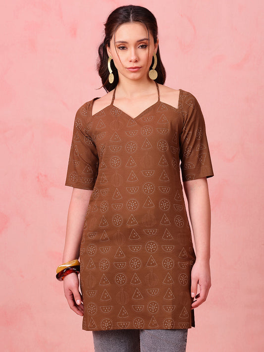 Brown Geomatric Straight Cotton Stitched Kurti