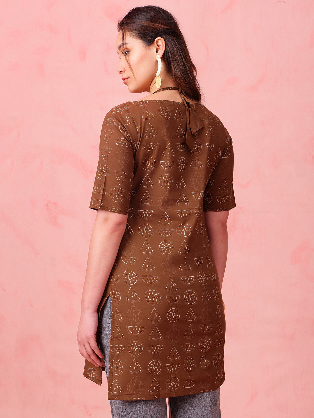 Brown Geomatric Straight Cotton Stitched Kurti