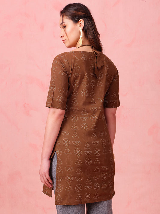 Brown Geomatric Straight Cotton Stitched Kurti