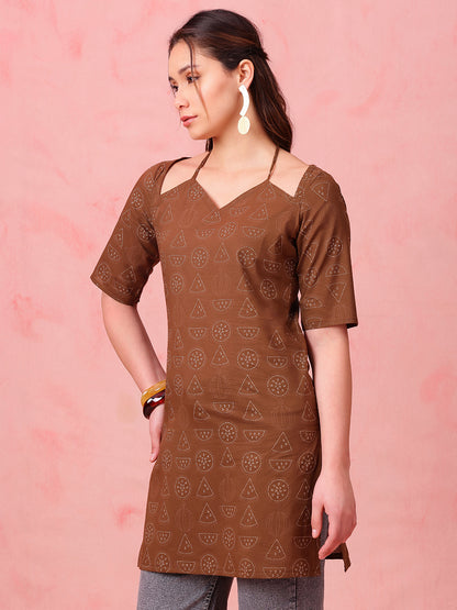 Brown Geomatric Straight Cotton Stitched Kurti