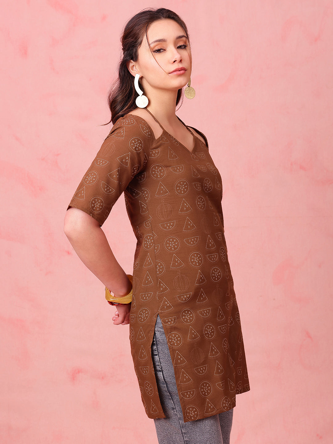 Brown Geomatric Straight Cotton Stitched Kurti