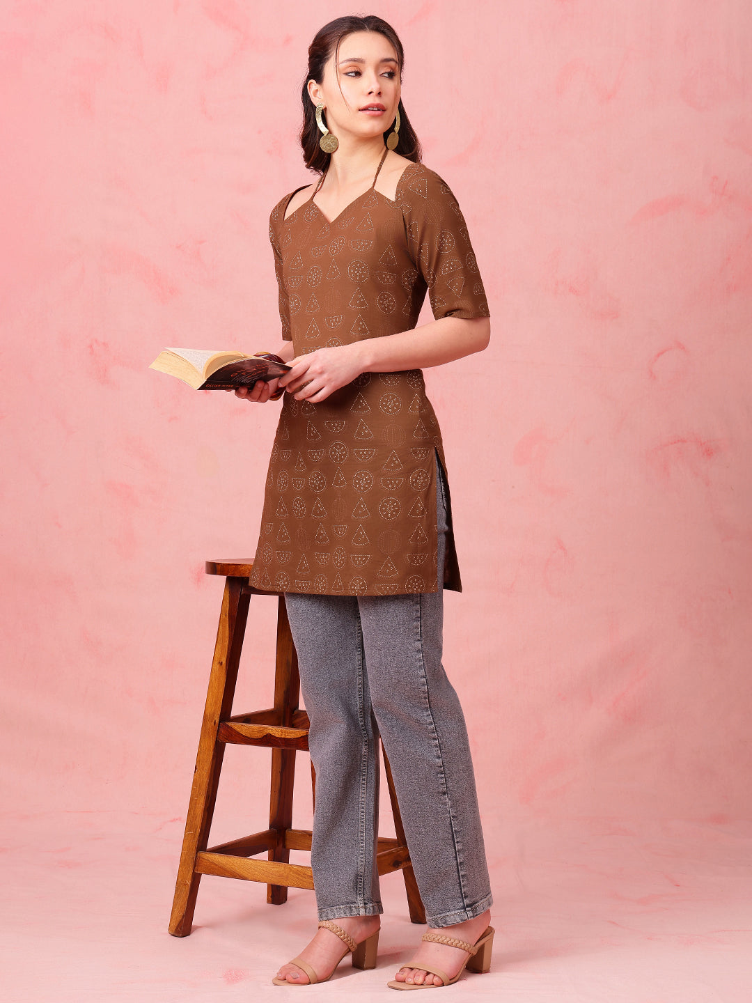 Brown Geomatric Straight Cotton Stitched Kurti