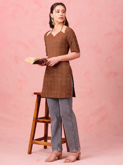 Brown Geomatric Straight Cotton Stitched Kurti
