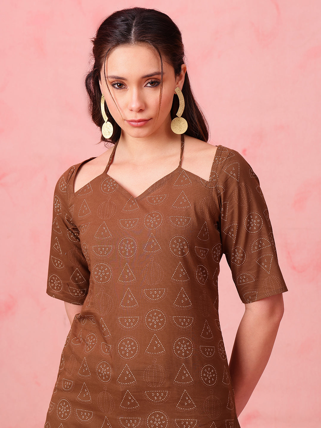 Brown Geomatric Straight Cotton Stitched Kurti