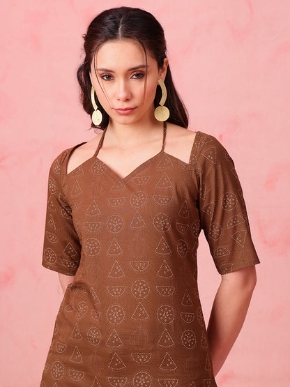 Brown Geomatric Straight Cotton Stitched Kurti