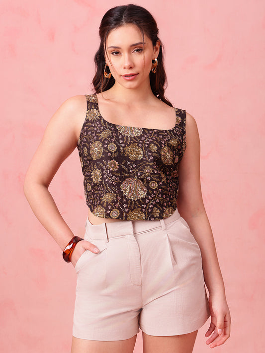 Black Floral Crop Top Cotton Stitched Crop Top