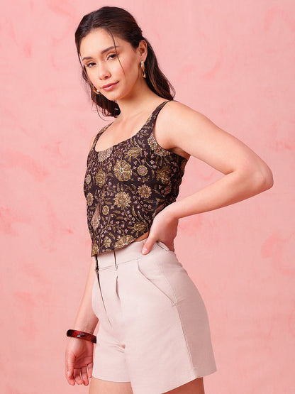Black Floral Crop Top Cotton Stitched Crop Top