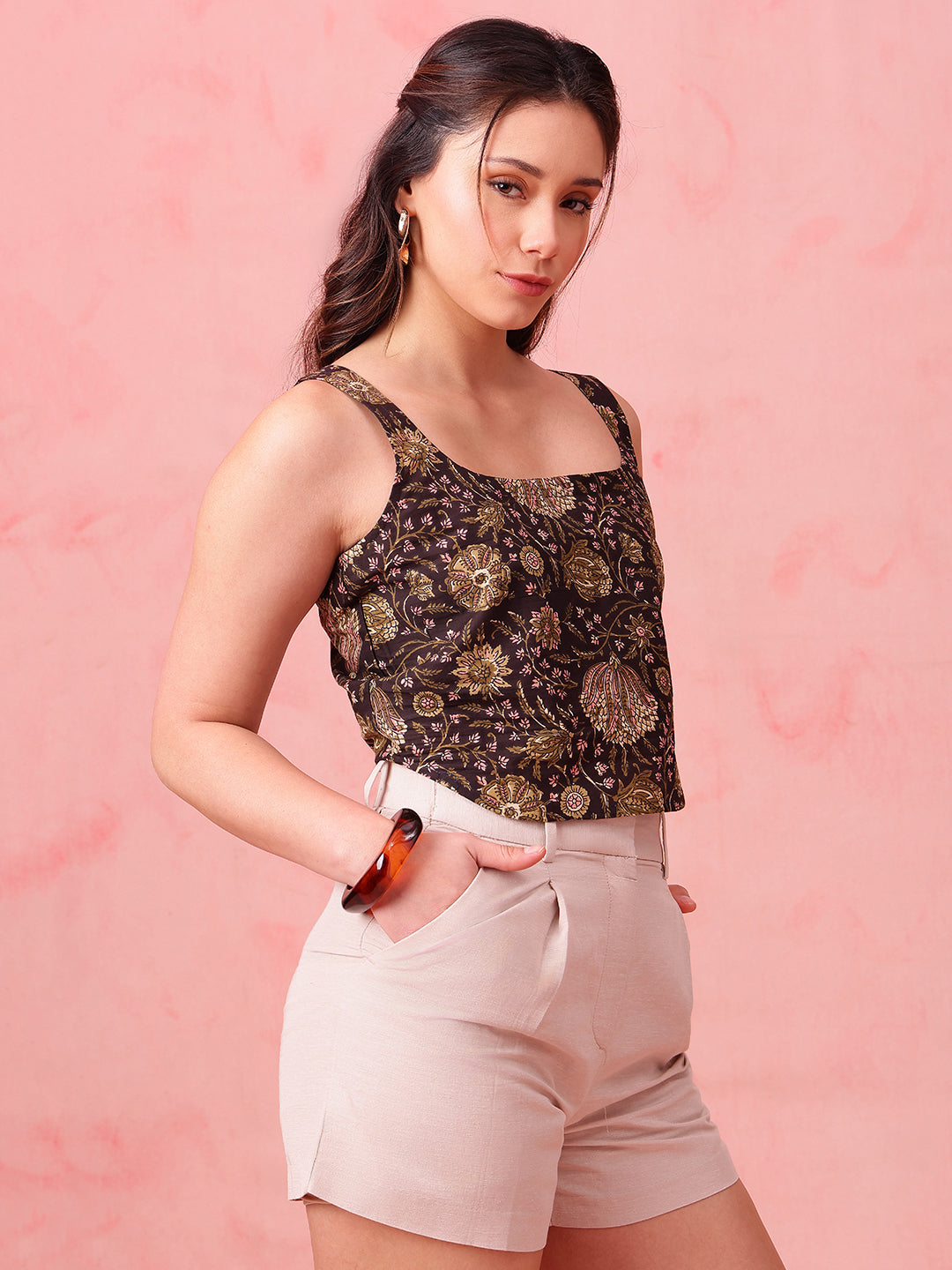 Black Floral Crop Top Cotton Stitched Crop Top