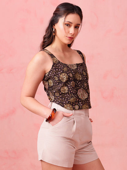 Black Floral Crop Top Cotton Stitched Crop Top