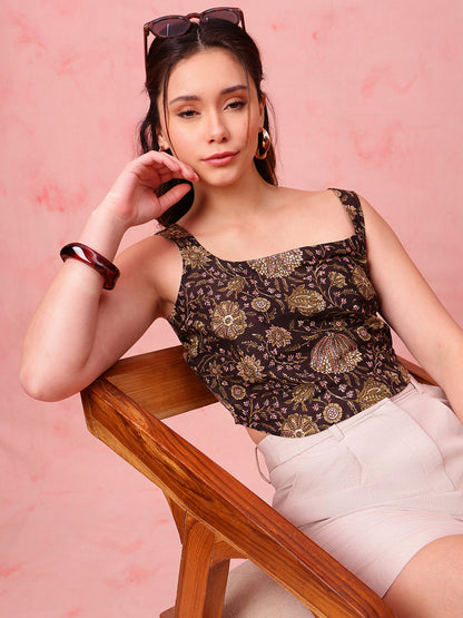 Black Floral Crop Top Cotton Stitched Crop Top