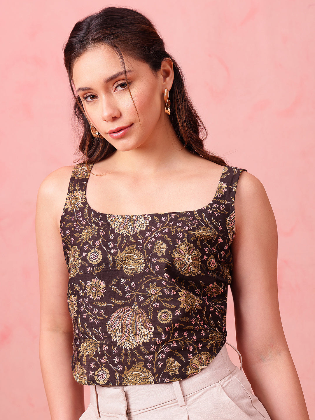 Black Floral Crop Top Cotton Stitched Crop Top