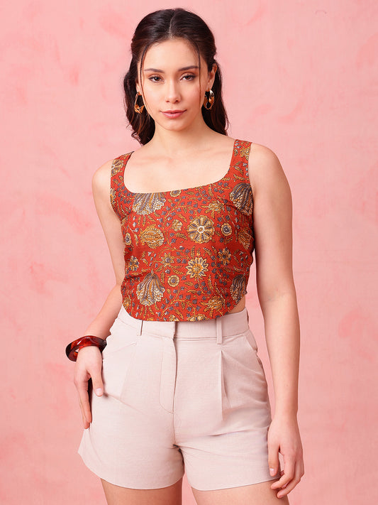 Rust Floral Crop Top Cotton Stitched Crop Top