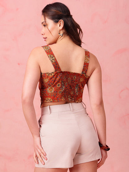 Rust Floral Crop Top Cotton Stitched Crop Top