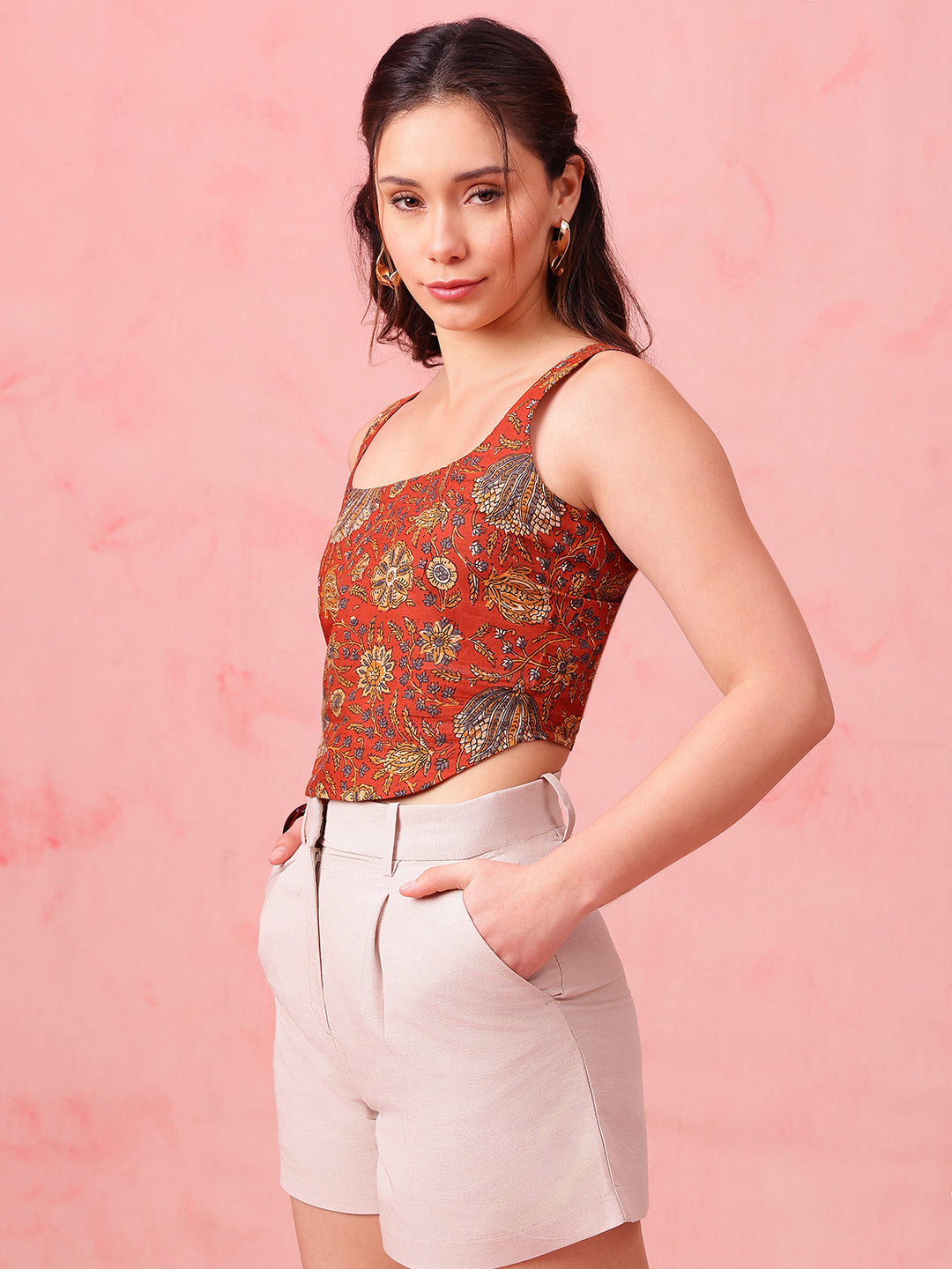 Rust Floral Crop Top Cotton Stitched Crop Top
