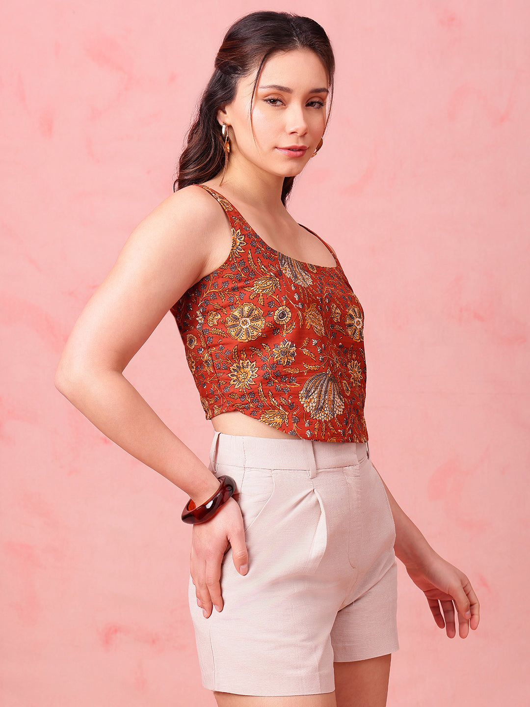 Rust Floral Crop Top Cotton Stitched Crop Top