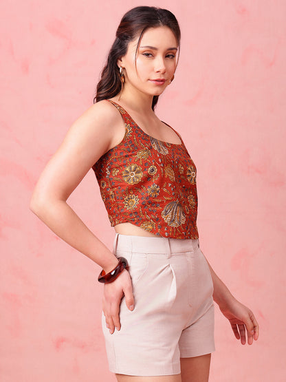 Rust Floral Crop Top Cotton Stitched Crop Top