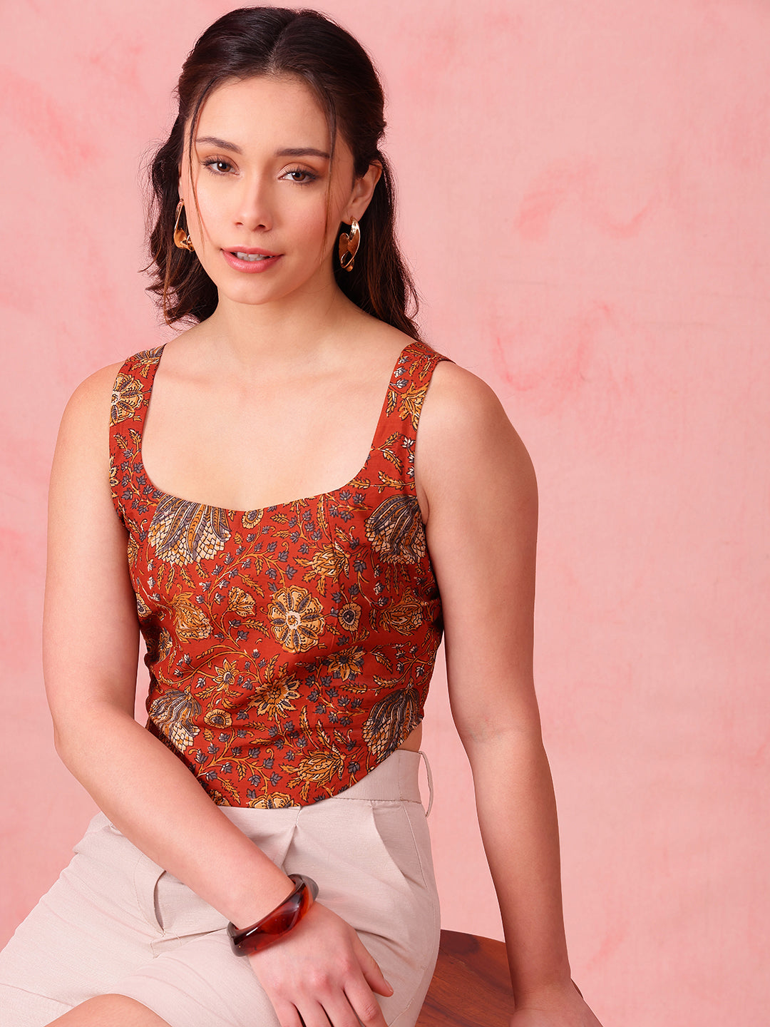 Rust Floral Crop Top Cotton Stitched Crop Top