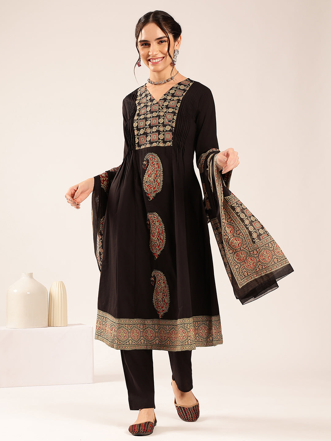 Black Ajrakh Flared Cotton Stitched Kurta Set