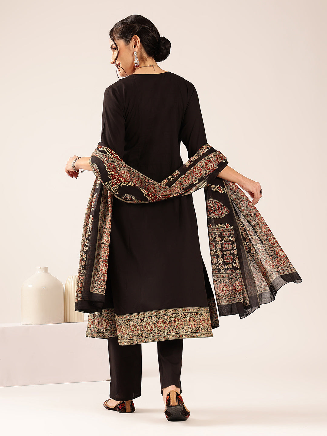 Black Ajrakh Flared Cotton Stitched Kurta Set