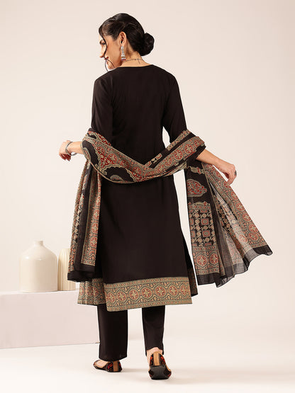 Black Ajrakh Flared Cotton Stitched Kurta Set