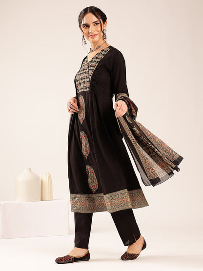 Black Ajrakh Flared Cotton Stitched Kurta Set