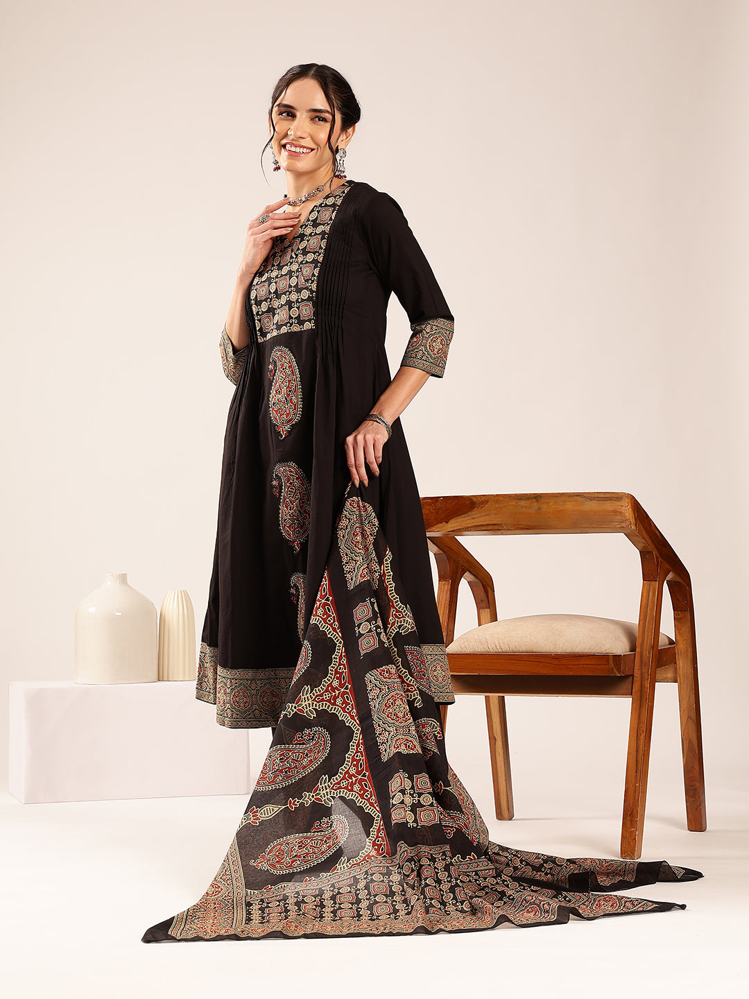 Black Ajrakh Flared Cotton Stitched Kurta Set