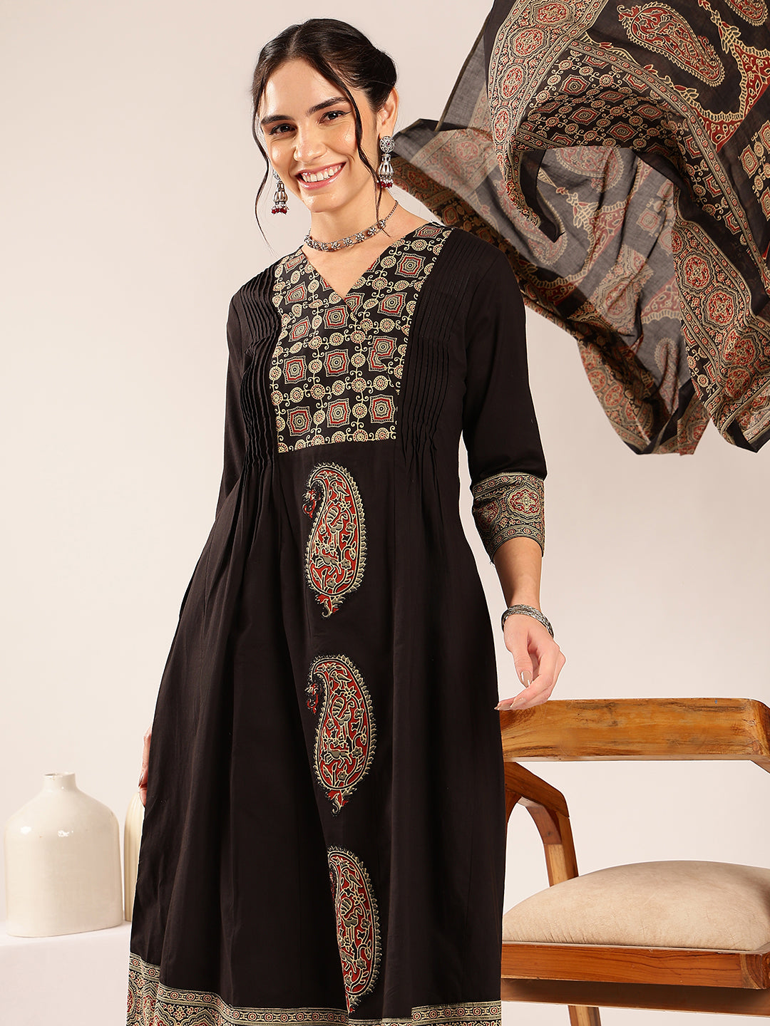 Black Ajrakh Flared Cotton Stitched Kurta Set