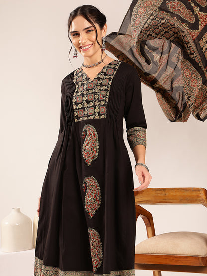 Black Ajrakh Flared Cotton Stitched Kurta Set