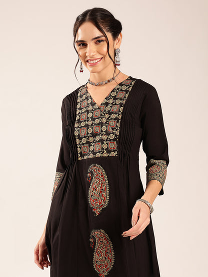 Black Ajrakh Flared Cotton Stitched Kurta Set