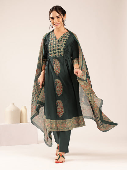 Aqua Blue Ajrakh Flared Cotton Stitched Kurta Palazzo With Dupatta