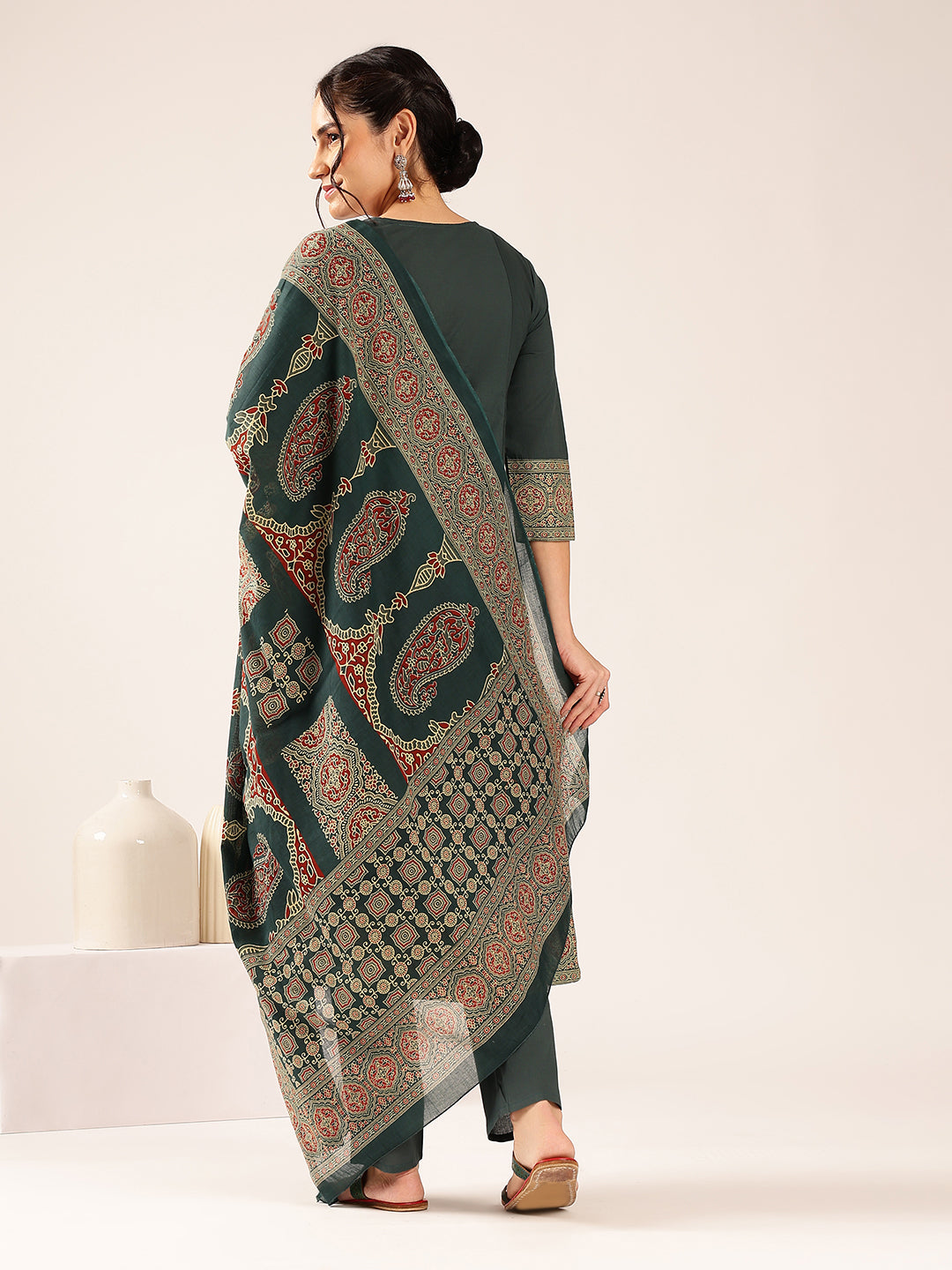 Aqua Blue Ajrakh Flared Cotton Stitched Kurta Palazzo With Dupatta