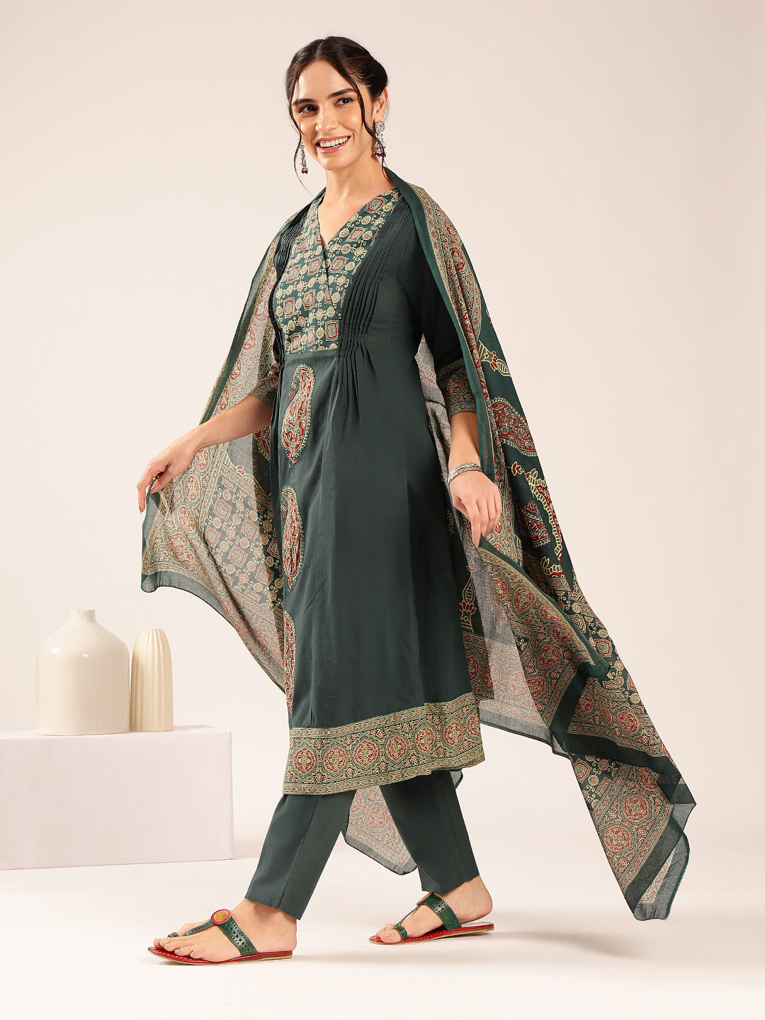 Aqua Blue Ajrakh Flared Cotton Stitched Kurta Palazzo With Dupatta