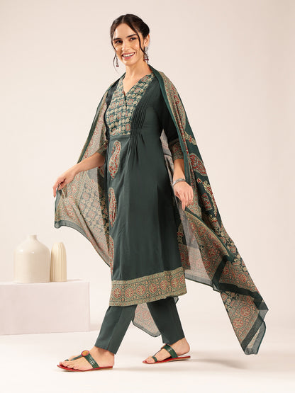 Aqua Blue Ajrakh Flared Cotton Stitched Kurta Palazzo With Dupatta