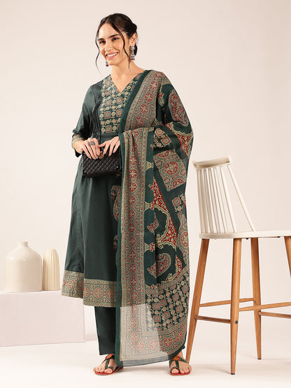 Aqua Blue Ajrakh Flared Cotton Stitched Kurta Palazzo With Dupatta