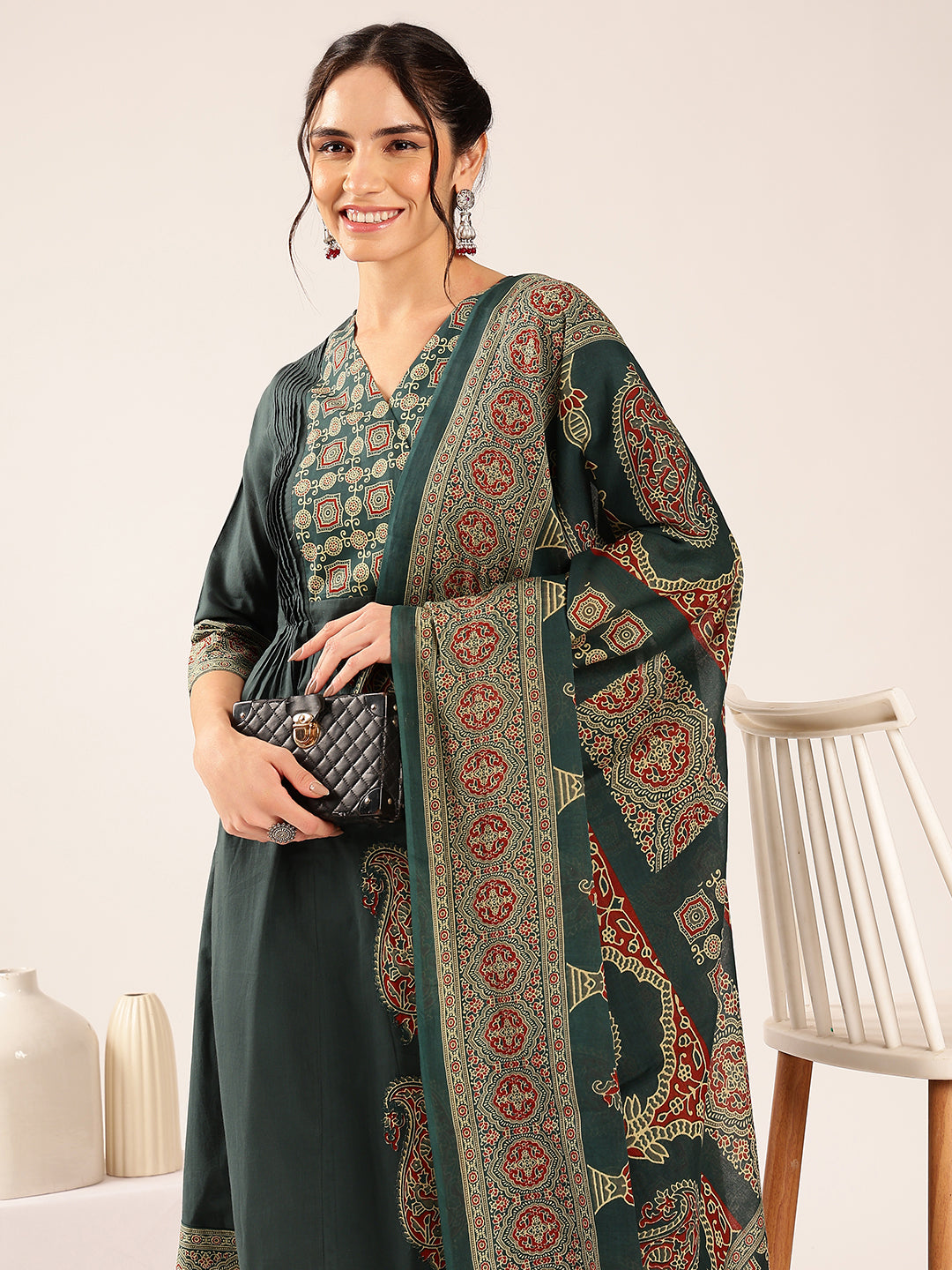 Aqua Blue Ajrakh Flared Cotton Stitched Kurta Palazzo With Dupatta