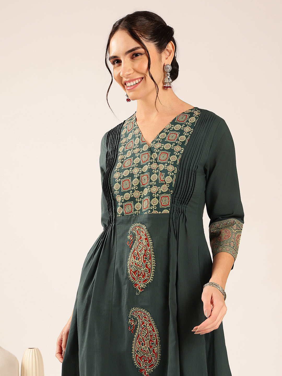 Aqua Blue Ajrakh Flared Cotton Stitched Kurta Palazzo With Dupatta